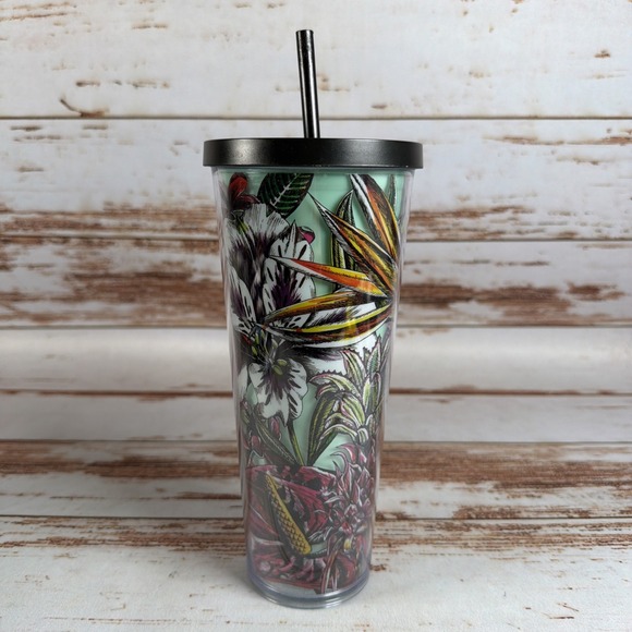 Starbucks Other - Starbucks Green Floral 24oz Plastic Tumbler Cup With Lid & Straw